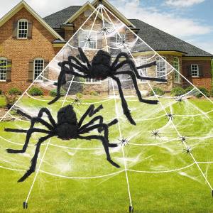 Halloween-Dekoration für den Außenbereich: Spinnennetz mit 2 schwarzen  Riesenspinnen