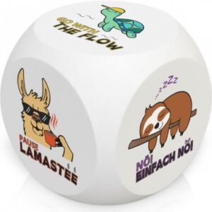 Anti-Stress-Würfel mit 6 verschiedenen witzigen Motiven, im Bild sieht man 3 Seiten: Schildkröte – GO WITH THE FLOW Lama – PAUSE LAMASTE Faultier – NÖ! EINFACH NÖ! witziges Wichtelgeschenk für Kolleginnen