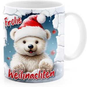 Tasse mit Eisbär-Motiv in 3D Optik und Aufdruck "Frohe Weihnachten" – tolles Wichtelgeschenk für humorvolle Frauen