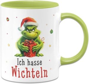 Tasse mit Grinch-Motiv und Spruch: Ich hasse Wichteln