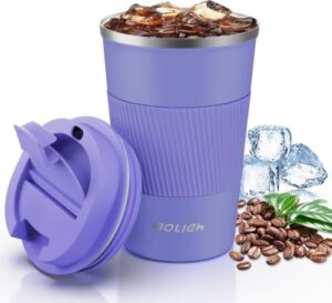 Lilafarbener Thermobecher mit auslaufsicherem Deckel – tolles nachhaltiges Wichtelgeschenk für Freundinnen und Kolleginnen