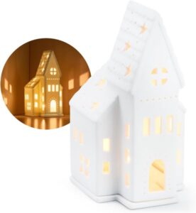 Teelichthaus: Kirche aus mattem, weißem Porzellan mit Teelichtuntersatz 