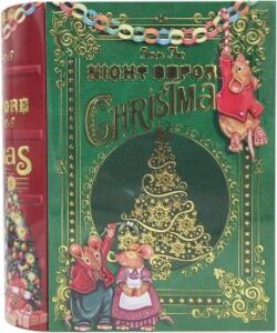Blechdose in Buchform mit 3D Effekt "Die Nacht vor Weihnachten" – Motiv: grünes "Buch" mit Mäusen bei ihren Weihnachtsvorbereitungen