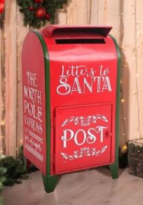 roter Weihnachtsbriefkasten aus Metall, Aufschrift vorne: Letters to SANTA POST Aufschrift an der Seite: THE NORTH POLE EXPRESS 