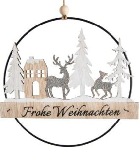 schlichter Türkranz aus Drahtring mit dem Schriftzug "Frohe Weihnachten". Der Kranz ist verziert mit Bäumen, Hirschen und einem Häuschen. Farbe: silber glitzernd, weiß, natur.