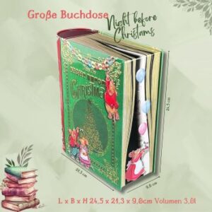 Keksdose in Buchform: Night before Christmas, Motiv: grün/rotes Weihnachtsbuch mit Tanne und kleinen Mäuschen