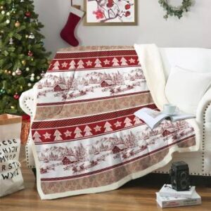 Kuschelige Weihnachtsdecke mit Winter-/Weihnachtsmotiven in rot/hellbraun/weiß