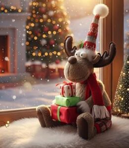 Sitzendes Rentier mit flauschigem Fell, rotem Schal, karierter Hose und drei Geschenken