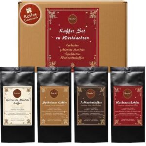 Box mit 4 verschiedenen Sorten Kaffee: Weihnachtskaffee, Spekulatius, Lebkuchen, Gebrannte Mandeln