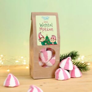 Wichtelmützen: Packung mit rosa/weiß gestreiften Marshmallows 