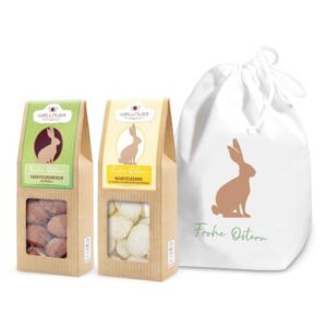 Trüffelmandeln (60g) & Kokosmandeln (60g) im Baumwollsäckchen mit Hasen-Motiv und Aufdruck "Frohe Ostern"