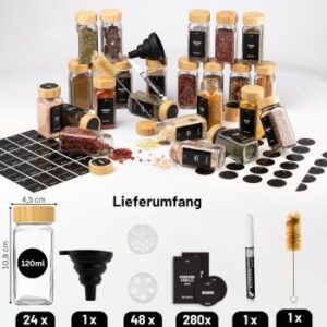 Set: 24 Gewürzgläser mit Schraubdeckel aus Bambus, Einfülltrichter, Streuaufsätzen, schwarzen Etiketten, Stift und Flaschenbürste 