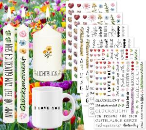 6 Kerzentattoo-Folien mit verschiedenen Sprüchen und Motiven