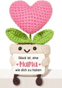 Handgemachte Gehäkelte Herzblume mit Karte: Glück ist, eine Mama wie dich zu haben – kleines Wohlfühlgeschenk zum Muttertag