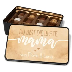 personalisierte Pralinendose mit Aufdruck: Du bist die beste Mama + Wunschname, Inhalt: 12 handgefertigten Pralinen – schöne Geschenkidee zum Muttertag,