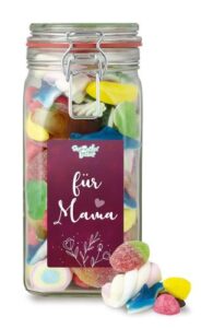Süßigkeiten-Mix im großen Bügelglas mit Aufschrift: Für Mama