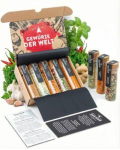 Set mit 5 Gewürzmischungen aus aller Welt in einer schicken Karton-Box – Grillgeschenk für den Weltenbummler am Grill