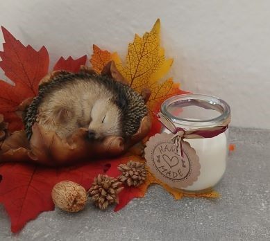 Duftkerze im Glas vor herbstlich dekoriertem Hintergrund – schöne DIY-Geschenkidee im Herbst