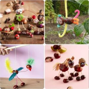 vier verschiedene kleine Bilder mit Kastanien-Figuren – nützliches Geschenk für DIY-Fans