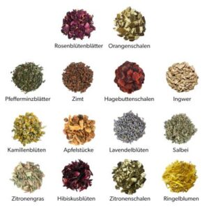 14 verschiedene Zutaten um selbst Tee zu mischen: Bio Hagebuttenschalen, Bio Orangenschalen, Bio Apfelstücke, Bio Hibiskusblüten, Bio Zitronengras, Bio Pfefferminzblätter, Bio Zimt, Bio Salbeiblätter, Bio Kamillenblüten, Bio Zitronenschalen, Bio Ingwer, Bio Lavendelblüten, Bio Rosenblütenblätter, Bio Ringelblumen 