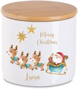 Plätzchendose mit Wunschname und Motiv: Merry Christmas und Weihnachtsmann im Rentierschlitten – niedliches Mitbringsel im Advent für Kinder