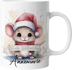 weiße Keramik-Tasse mit Motiv: Weihnachtsmäuschen + Wunschname – hübsches Mitbringsel im Advent für Kinder